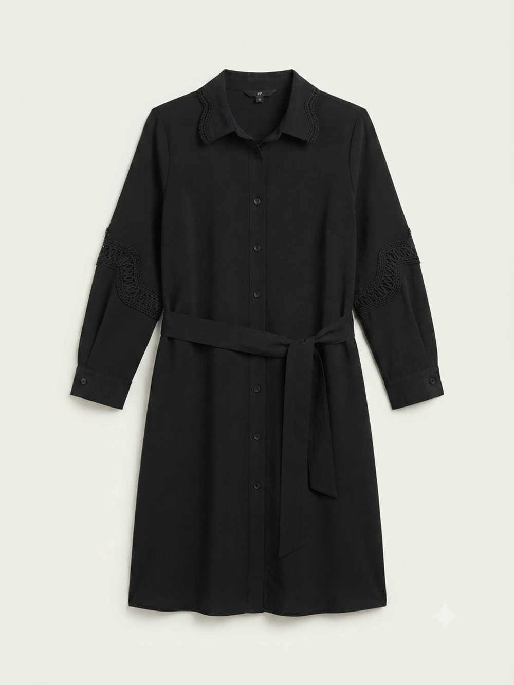 Joinus Black Button Front Shirt Dress Lace Scalloped Collar & Sleeve Size M LBD